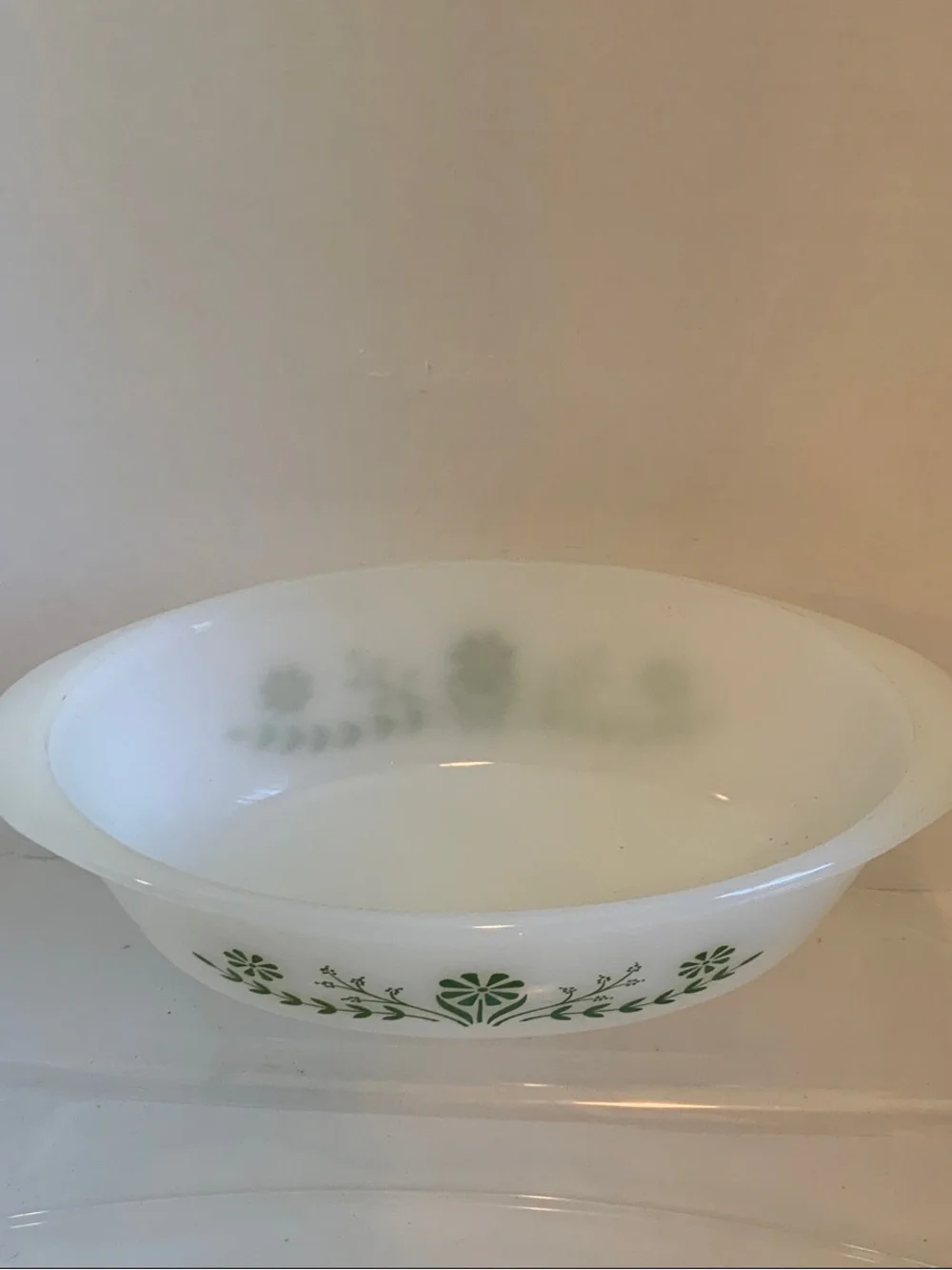 White Milk Glass Serving Bowl with Green Floral Motif